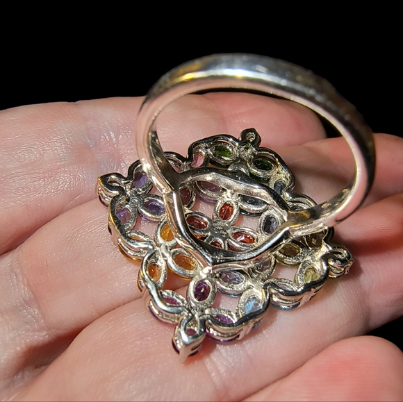 Multi Gemstone & Sterling Silver Large Cocktail Ring Size 8 - Picture 10 of 14